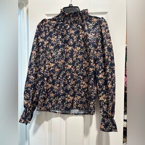 Blue floral high collar, long sleeve dress shirt